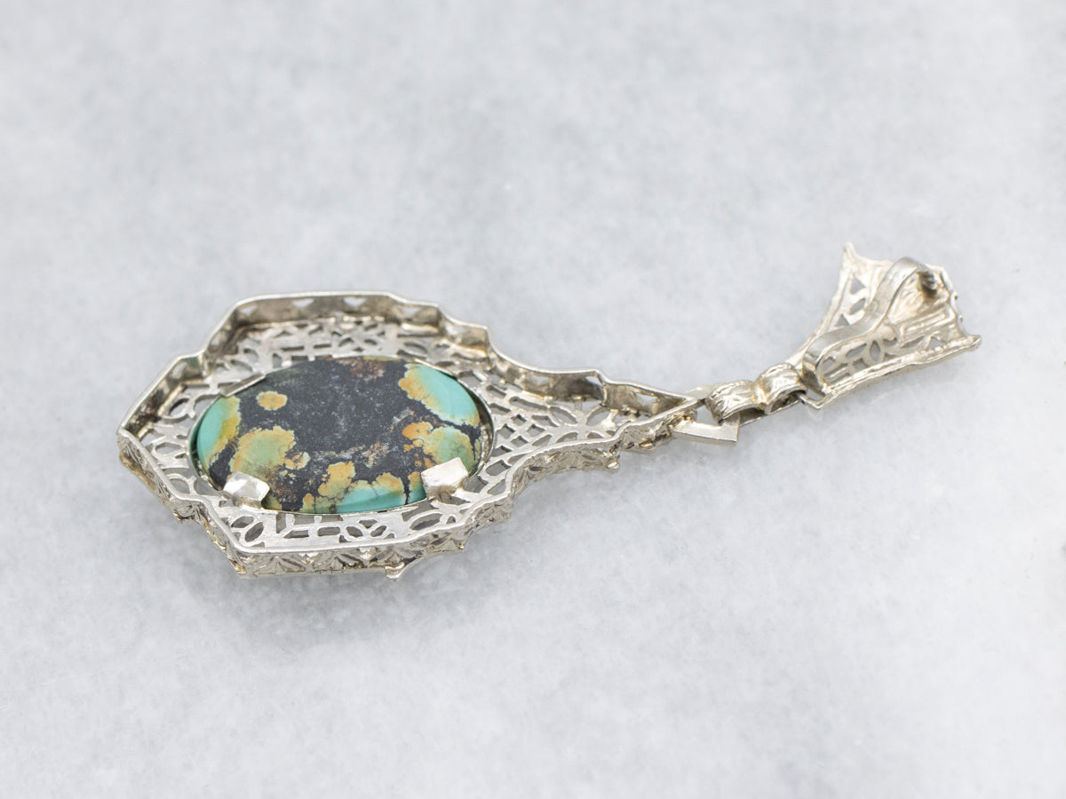 Art Deco Era Turquoise White Gold Filigree Drop Pendant