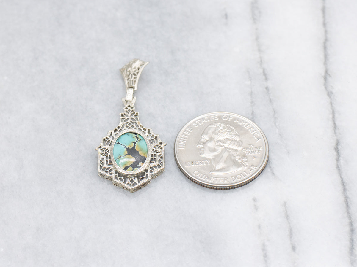 Art Deco Era Turquoise White Gold Filigree Drop Pendant