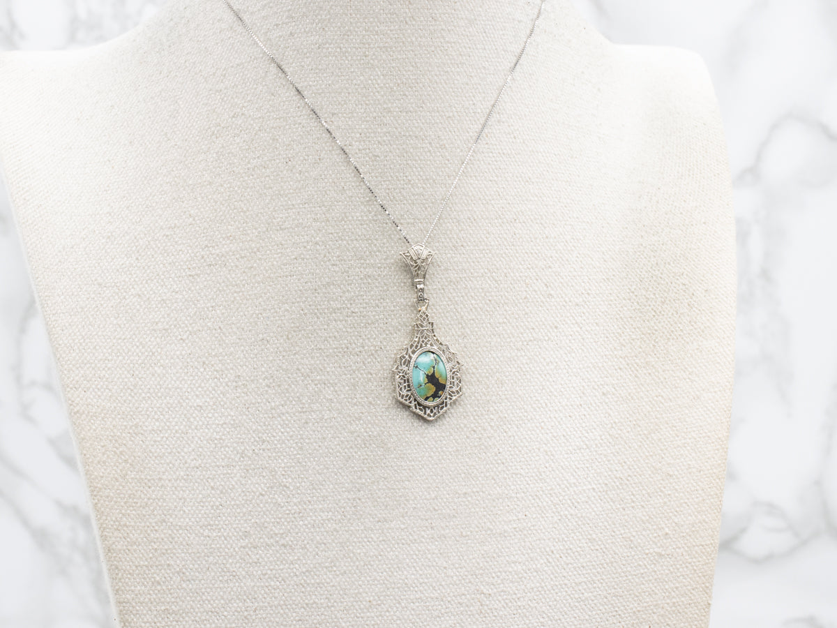 Art Deco Era Turquoise White Gold Filigree Drop Pendant