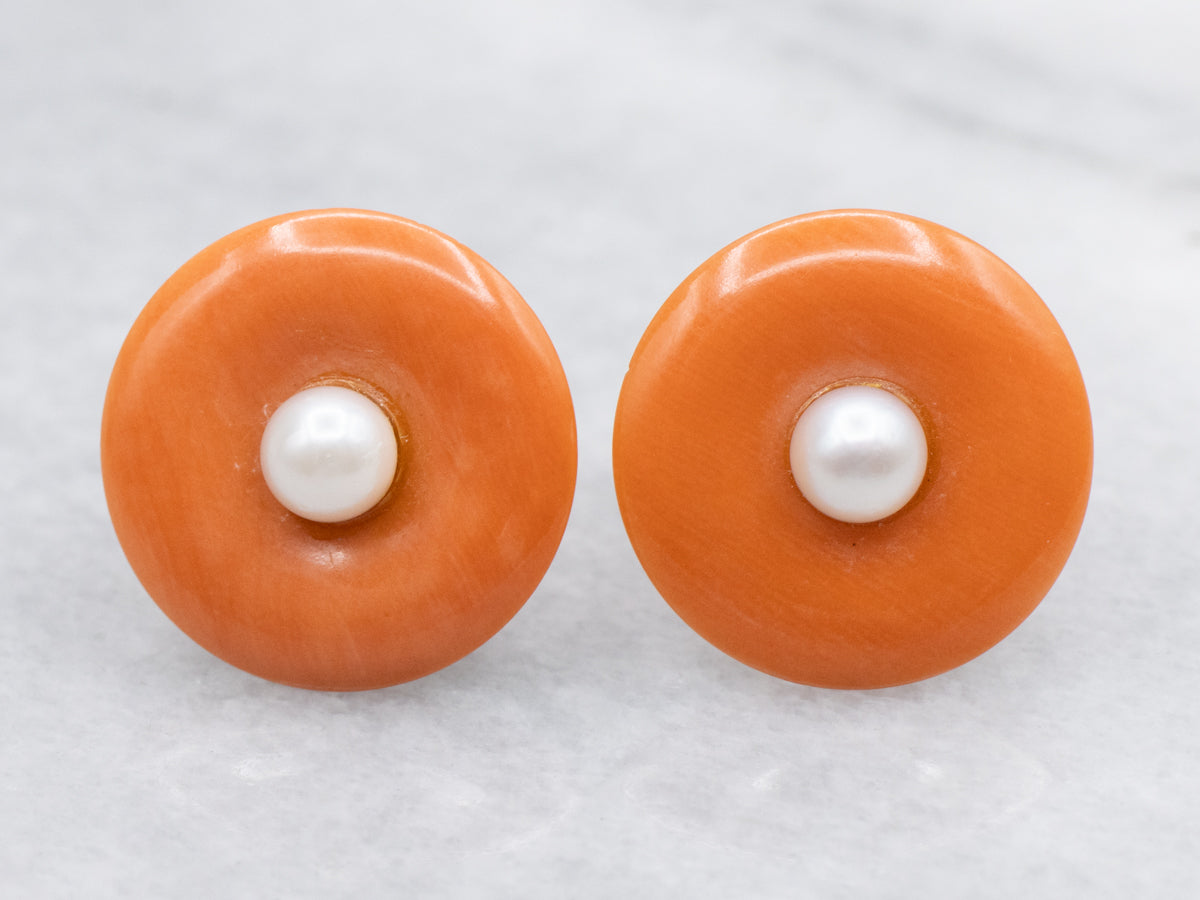 Vintage Coral and Pearl Stud Earrings