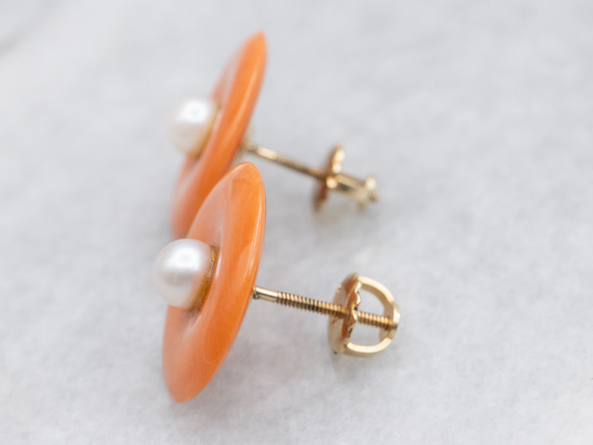 Vintage Coral and Pearl Stud Earrings