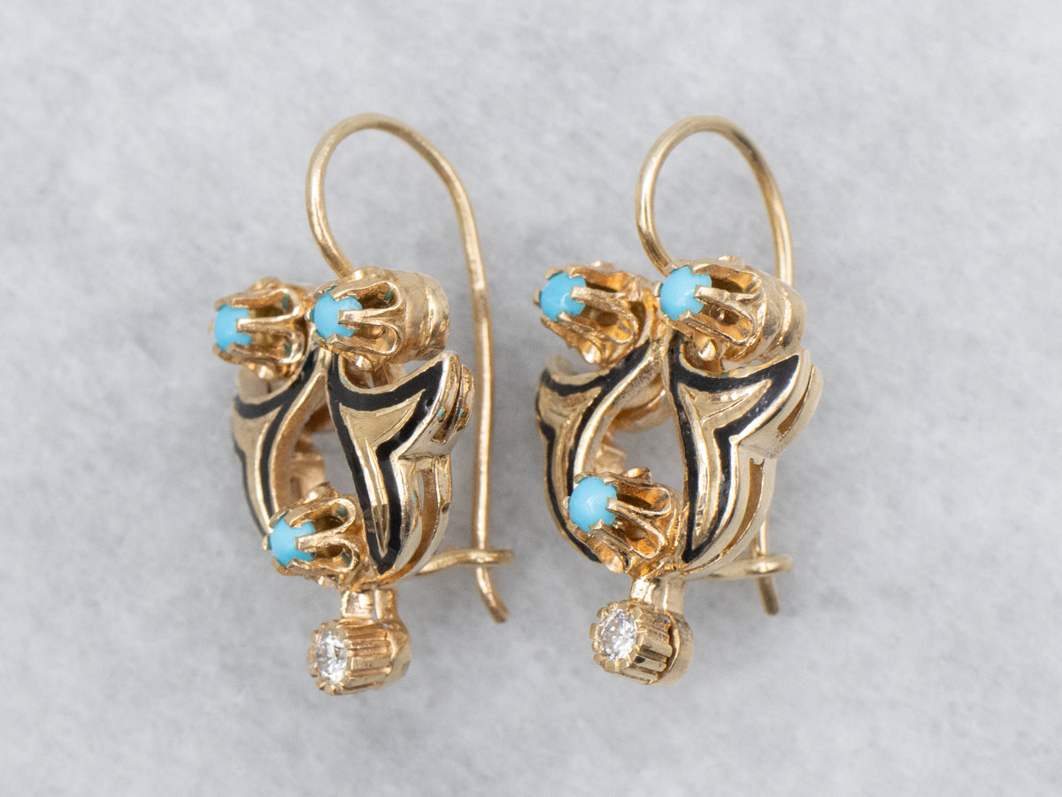 Victorian Revival Turquoise Doublet and Diamond Drop Earrings