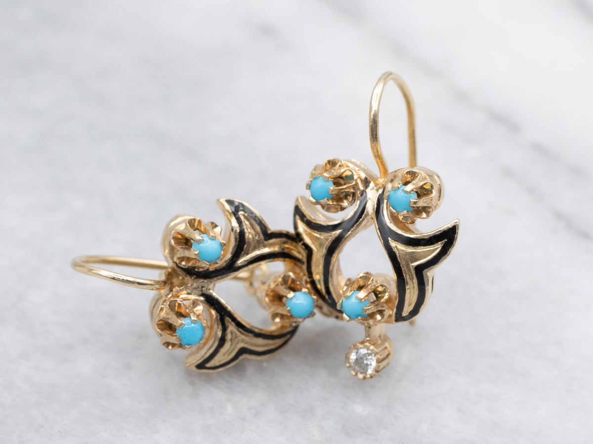 Victorian Revival Turquoise Doublet and Diamond Drop Earrings