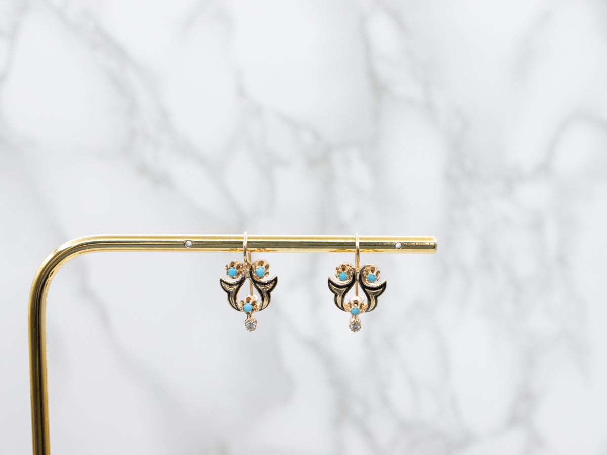 Victorian Revival Turquoise Doublet and Diamond Drop Earrings