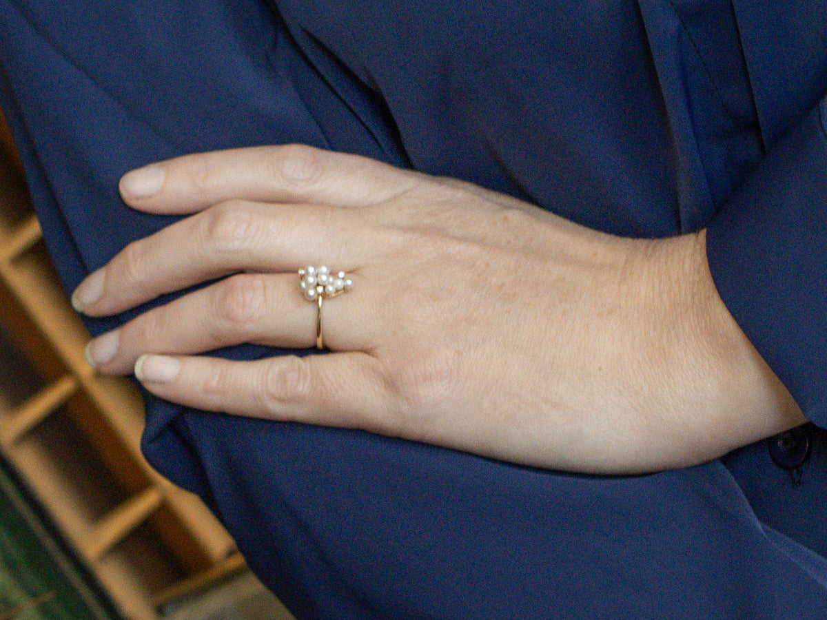 Grape Bunch Pearl and Diamond Gold Cluster Ring