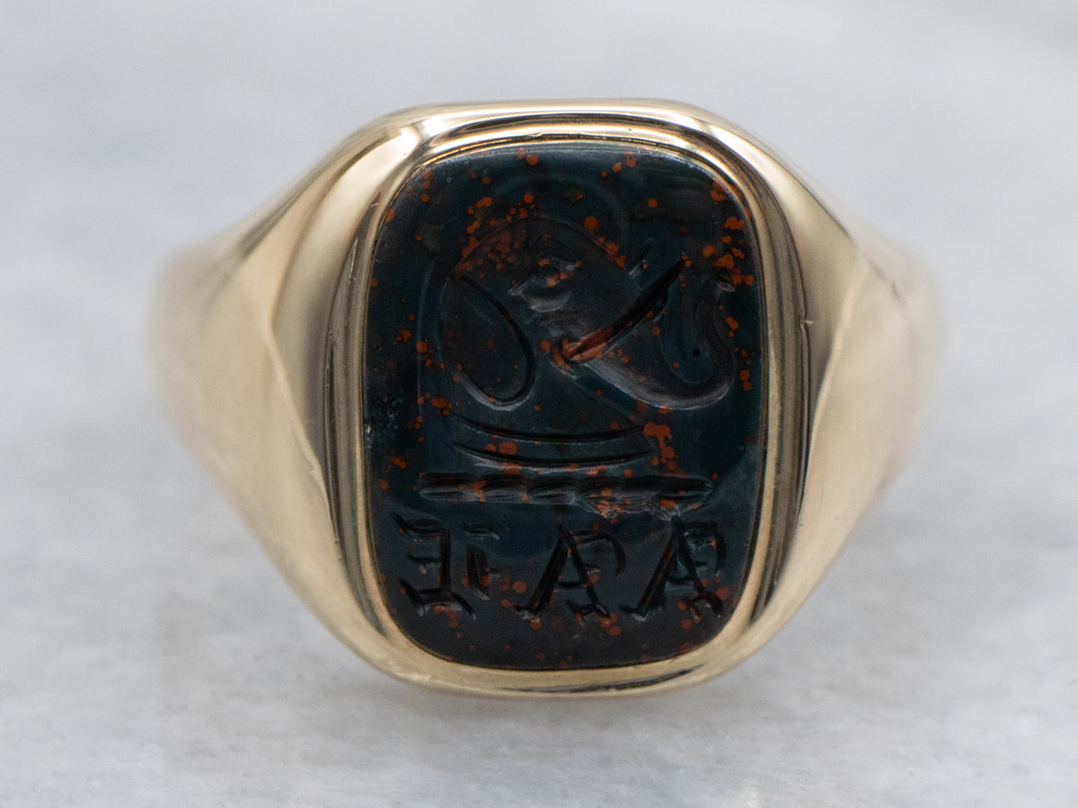 Vintage Bloodstone Intaglio Yellow Gold Ring