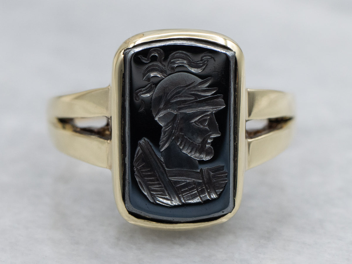 Hematite Intaglio Yellow Gold Split Shoulder Ring