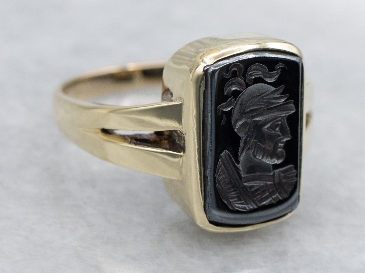 Hematite Intaglio Yellow Gold Split Shoulder Ring