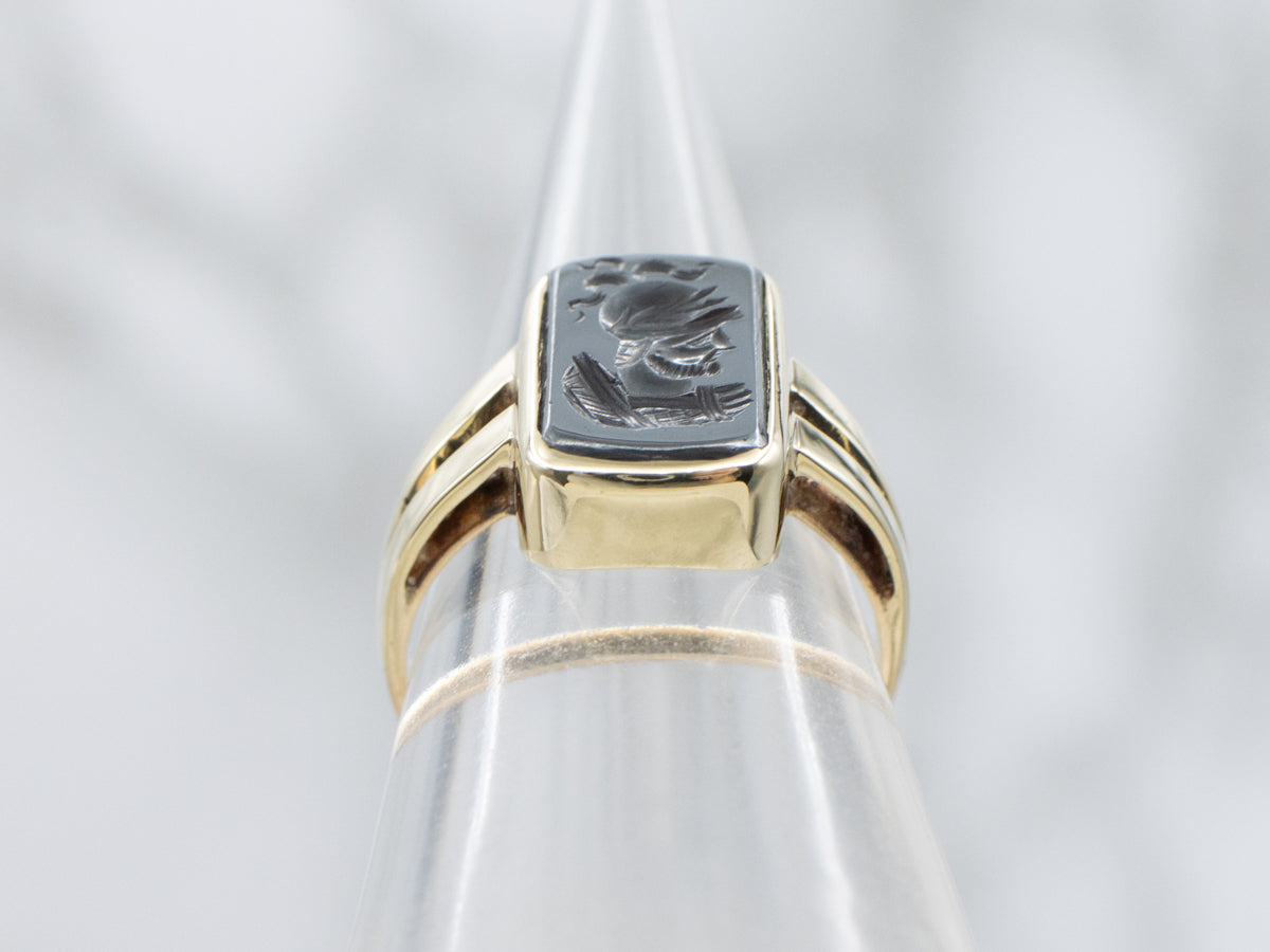 Hematite Intaglio Yellow Gold Split Shoulder Ring