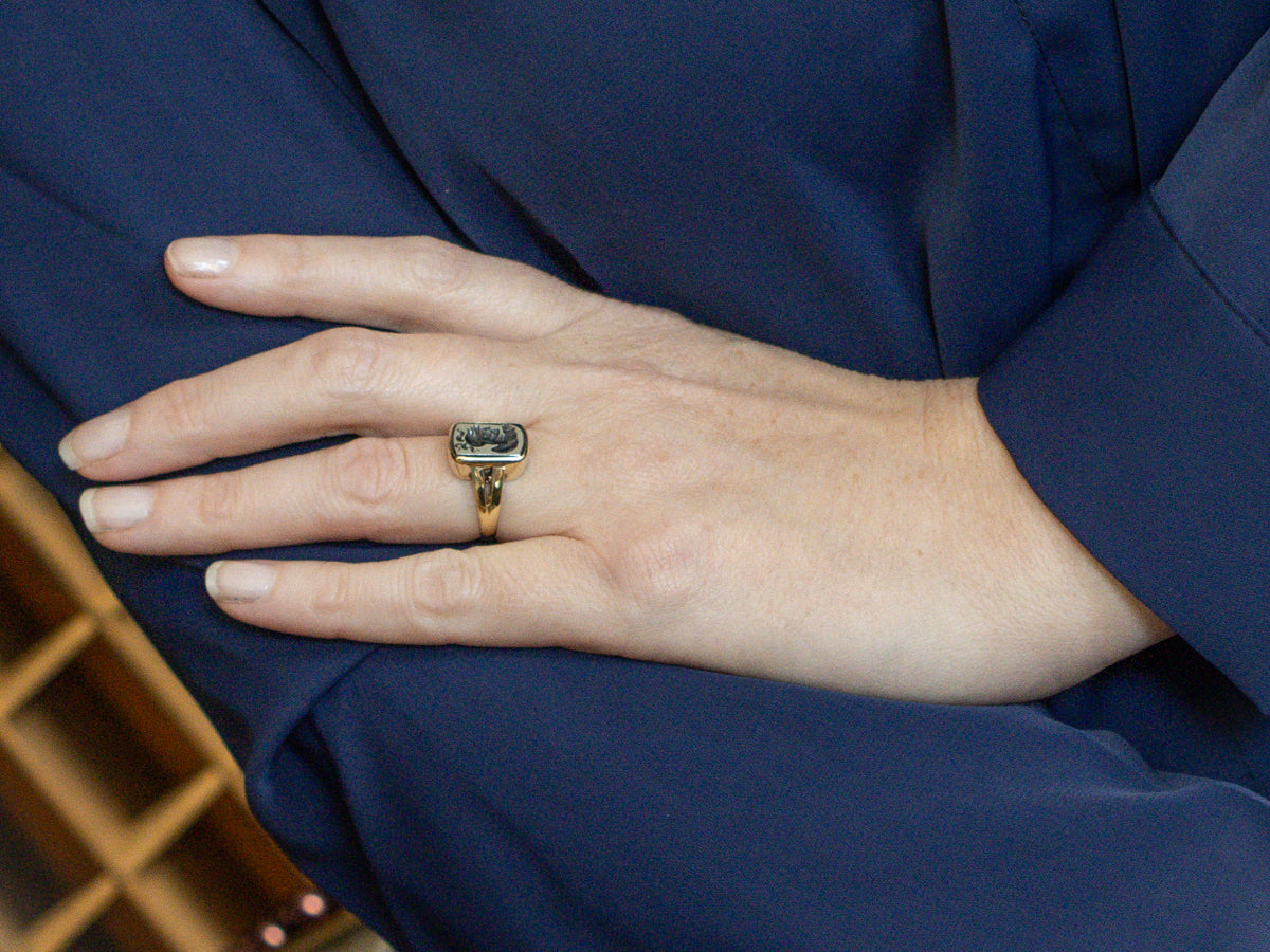 Hematite Intaglio Yellow Gold Split Shoulder Ring