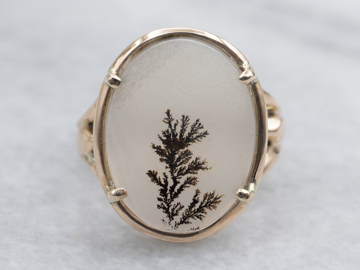 Oval-Cut Dendritic Agate Yellow Gold Solitaire Ring
