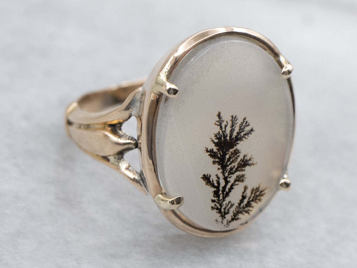 Oval-Cut Dendritic Agate Yellow Gold Solitaire Ring