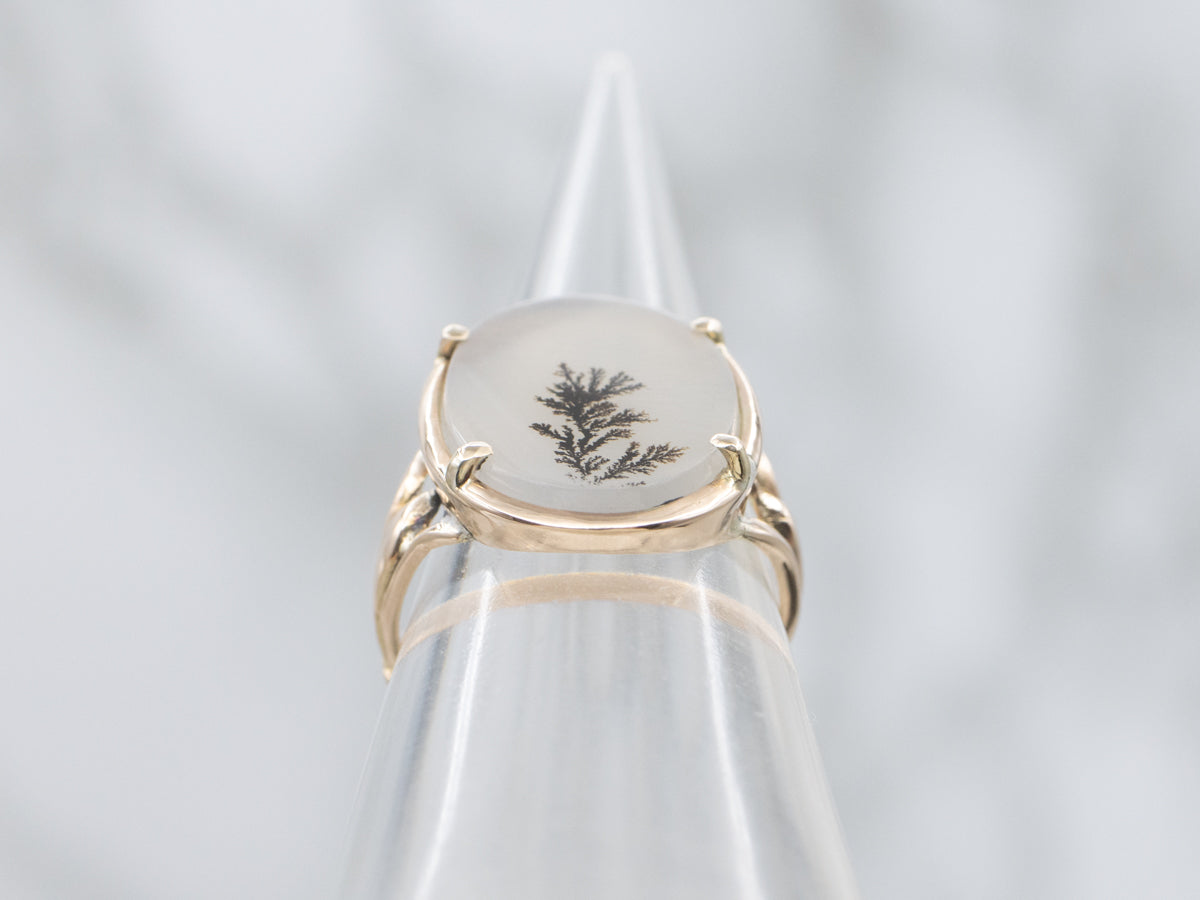 Oval-Cut Dendritic Agate Yellow Gold Solitaire Ring