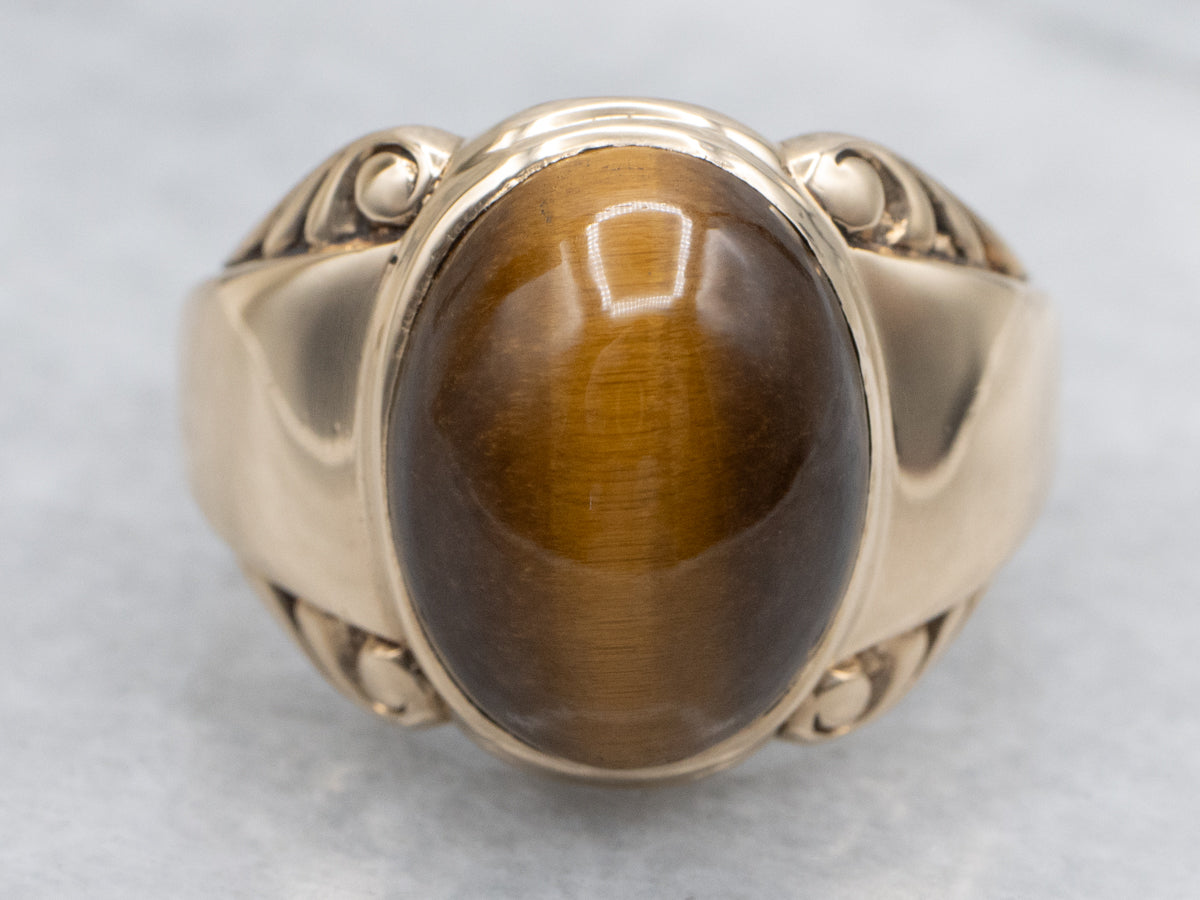 Mid-Century Bezel Set Tiger's Eye Gold Statement Ring
