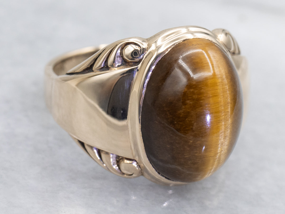 Mid-Century Bezel Set Tiger's Eye Gold Statement Ring