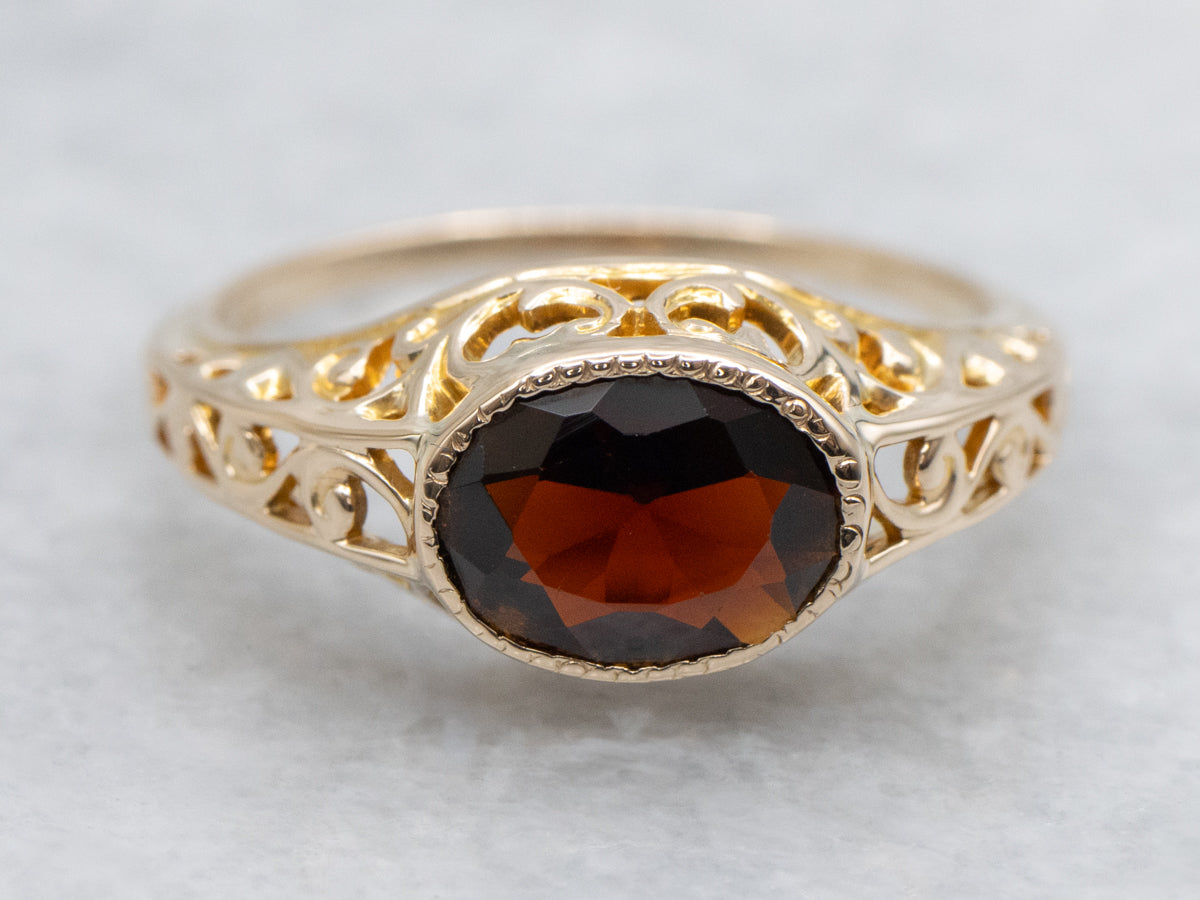 East West Set 10K Gold Garnet Filigree Solitaire Ring