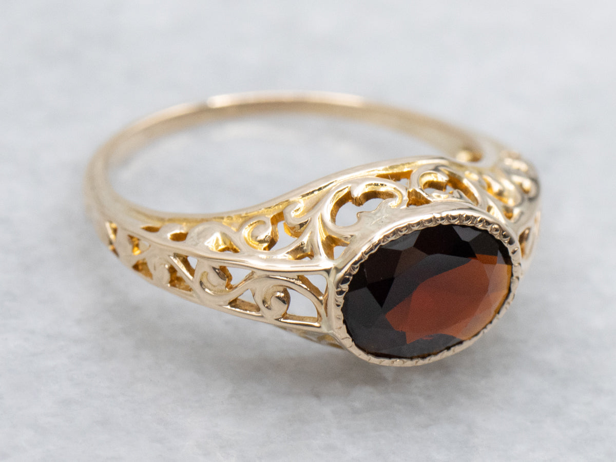 East West Set 10K Gold Garnet Filigree Solitaire Ring