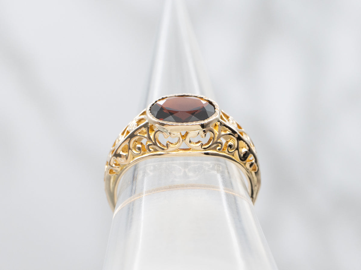 East West Set 10K Gold Garnet Filigree Solitaire Ring