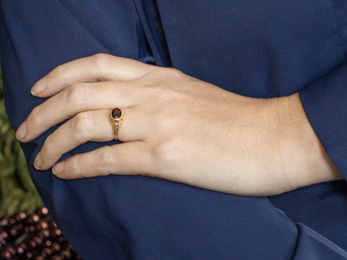 East West Set 10K Gold Garnet Filigree Solitaire Ring