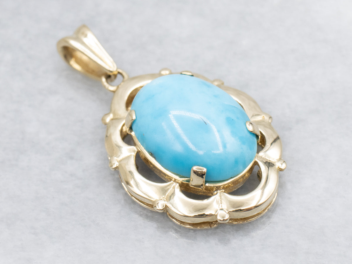 Larimar Oval Cabochon in Vintage Scalloped Gold Pendant Setting