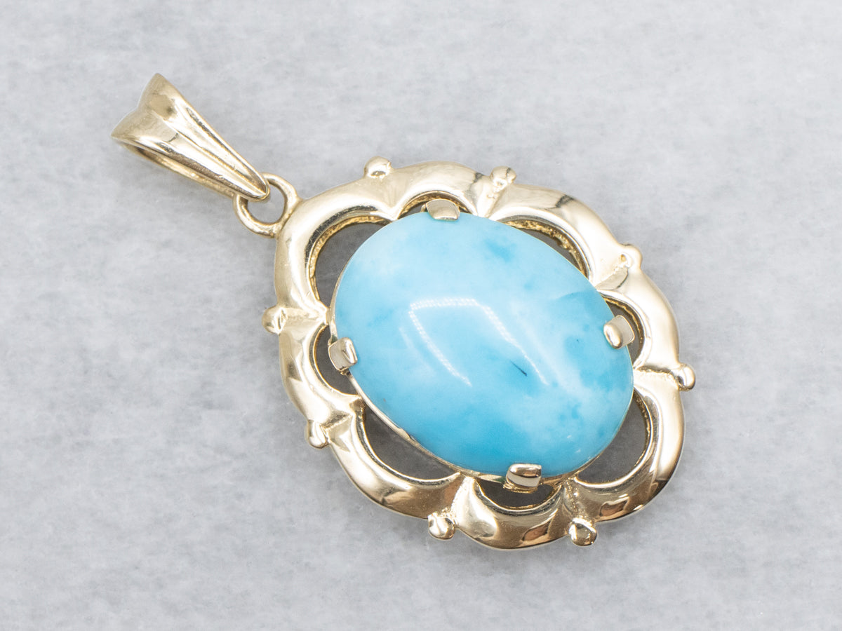 Larimar Oval Cabochon in Vintage Scalloped Gold Pendant Setting