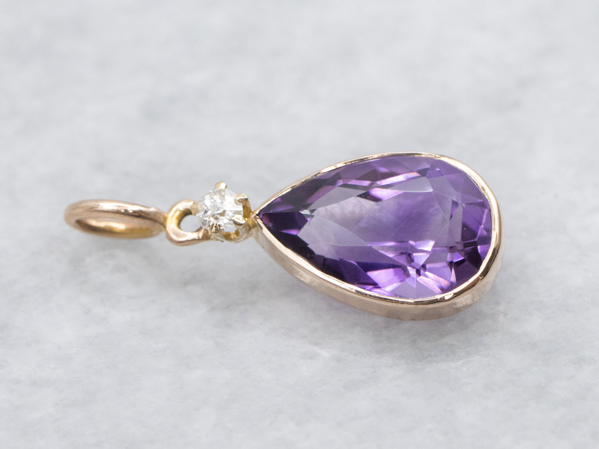 Antique 14K Gold Amethyst and Old Mine Cut Diamond Stickpin Conversion Pendant