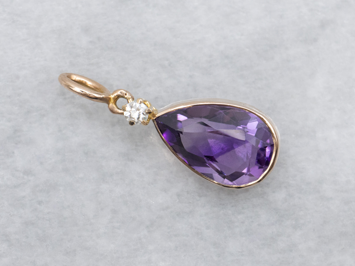 Antique 14K Gold Amethyst and Old Mine Cut Diamond Stickpin Conversion Pendant