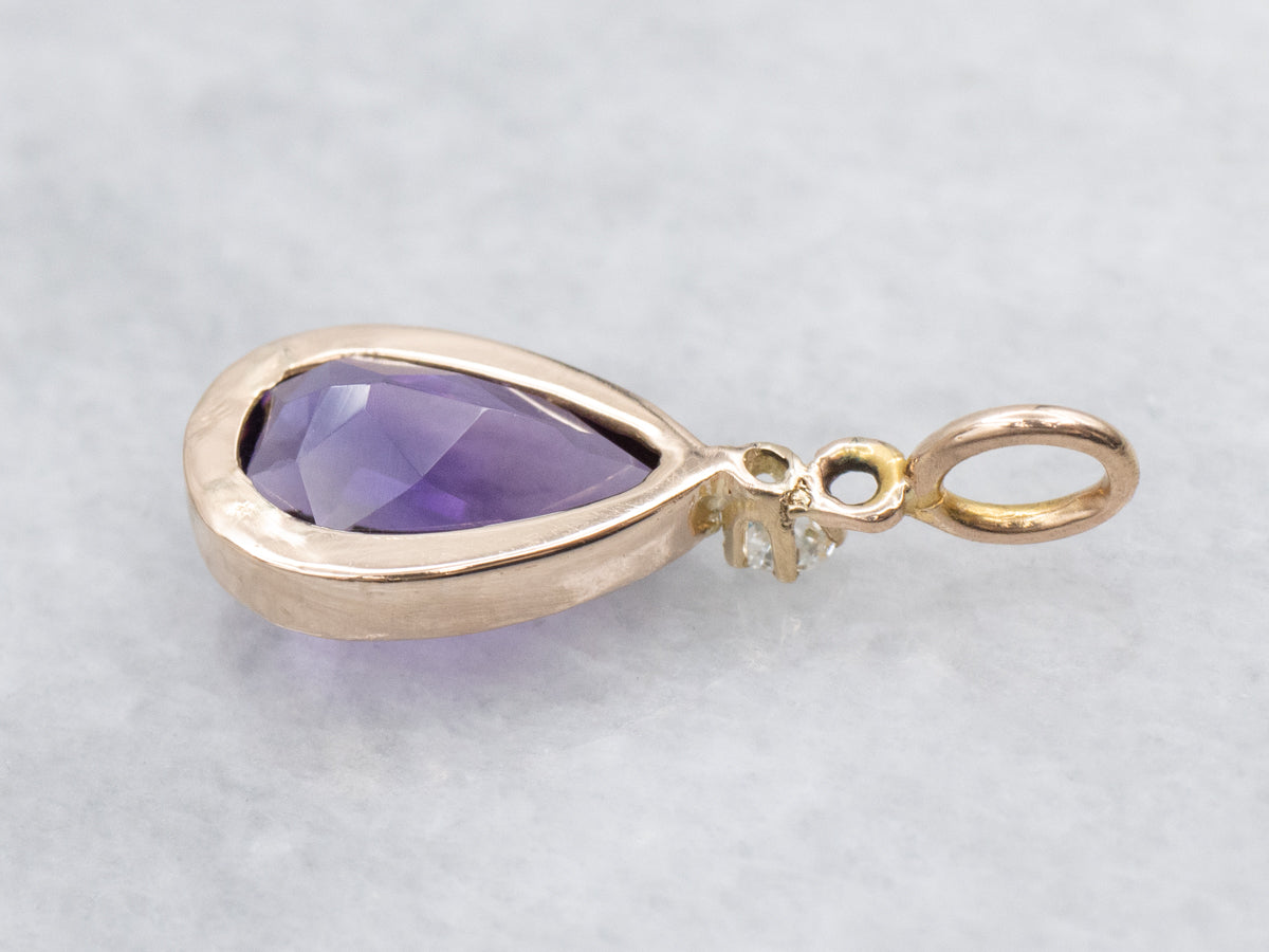 Antique 14K Gold Amethyst and Old Mine Cut Diamond Stickpin Conversion Pendant
