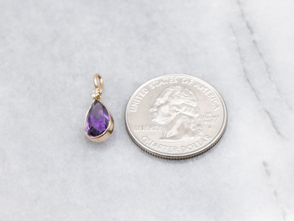 Antique 14K Gold Amethyst and Old Mine Cut Diamond Stickpin Conversion Pendant