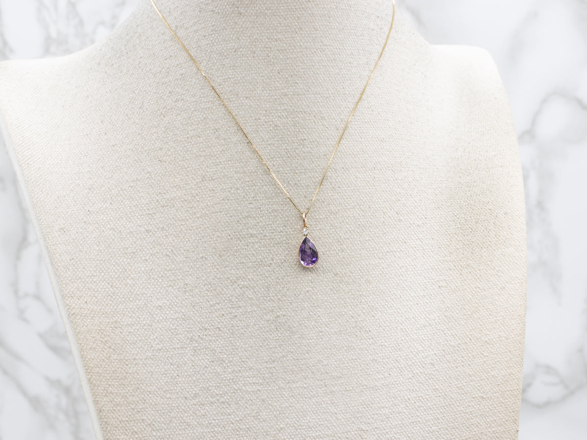 Antique 14K Gold Amethyst and Old Mine Cut Diamond Stickpin Conversion Pendant