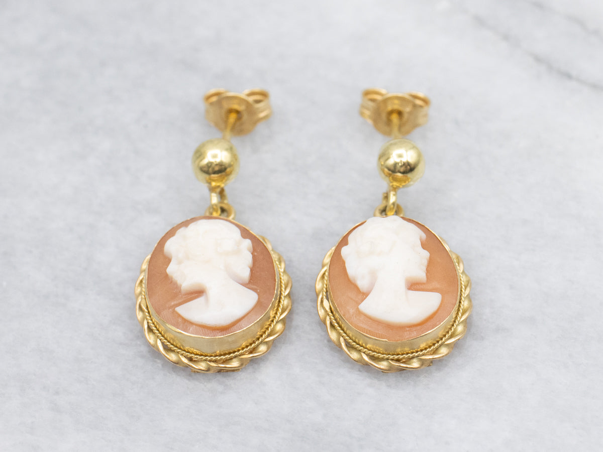 Mid-Century 18K Yellow Gold Shell Cameo Earrings