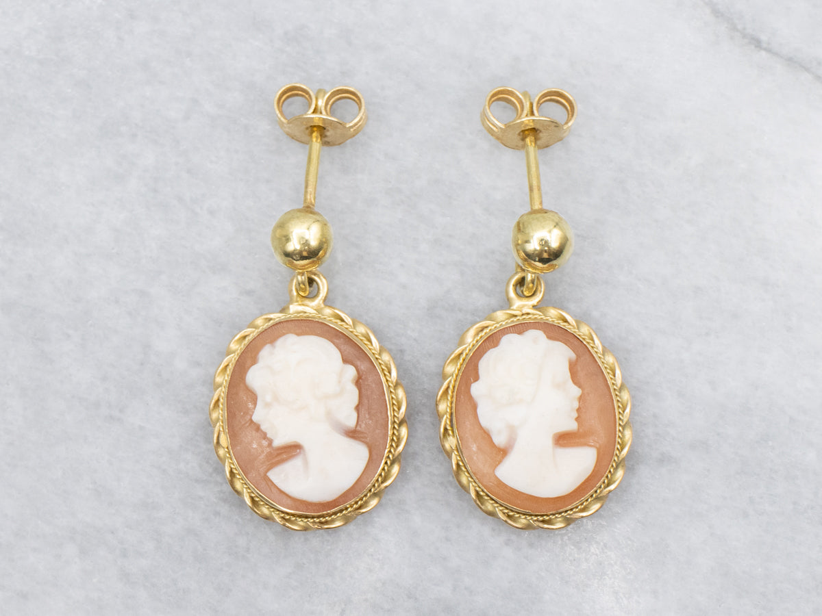 Mid-Century 18K Yellow Gold Shell Cameo Earrings