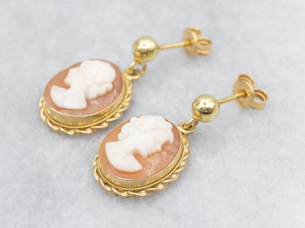 Mid-Century 18K Yellow Gold Shell Cameo Earrings