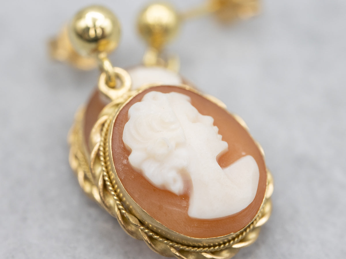 Mid-Century 18K Yellow Gold Shell Cameo Earrings