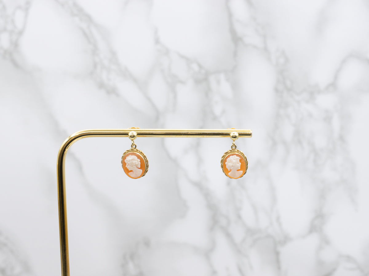 Mid-Century 18K Yellow Gold Shell Cameo Earrings