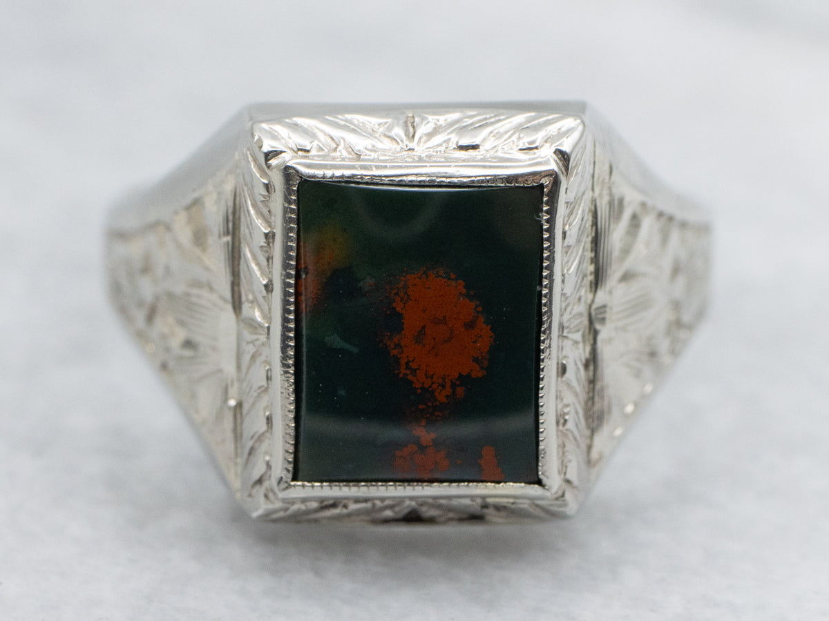 Men's Art Deco Era Etched White Gold Bloodstone Ring
