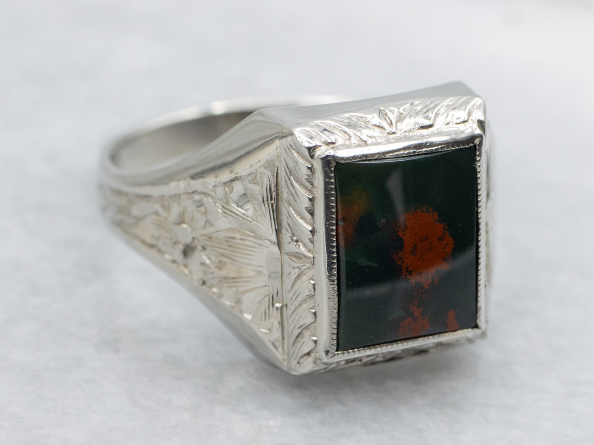 Men's Art Deco Era Etched White Gold Bloodstone Ring