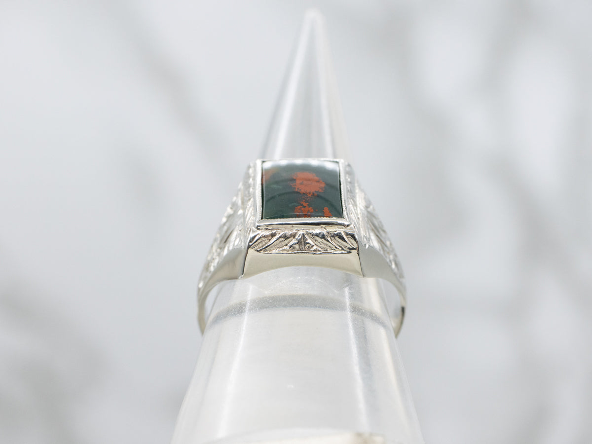 Men's Art Deco Era Etched White Gold Bloodstone Ring
