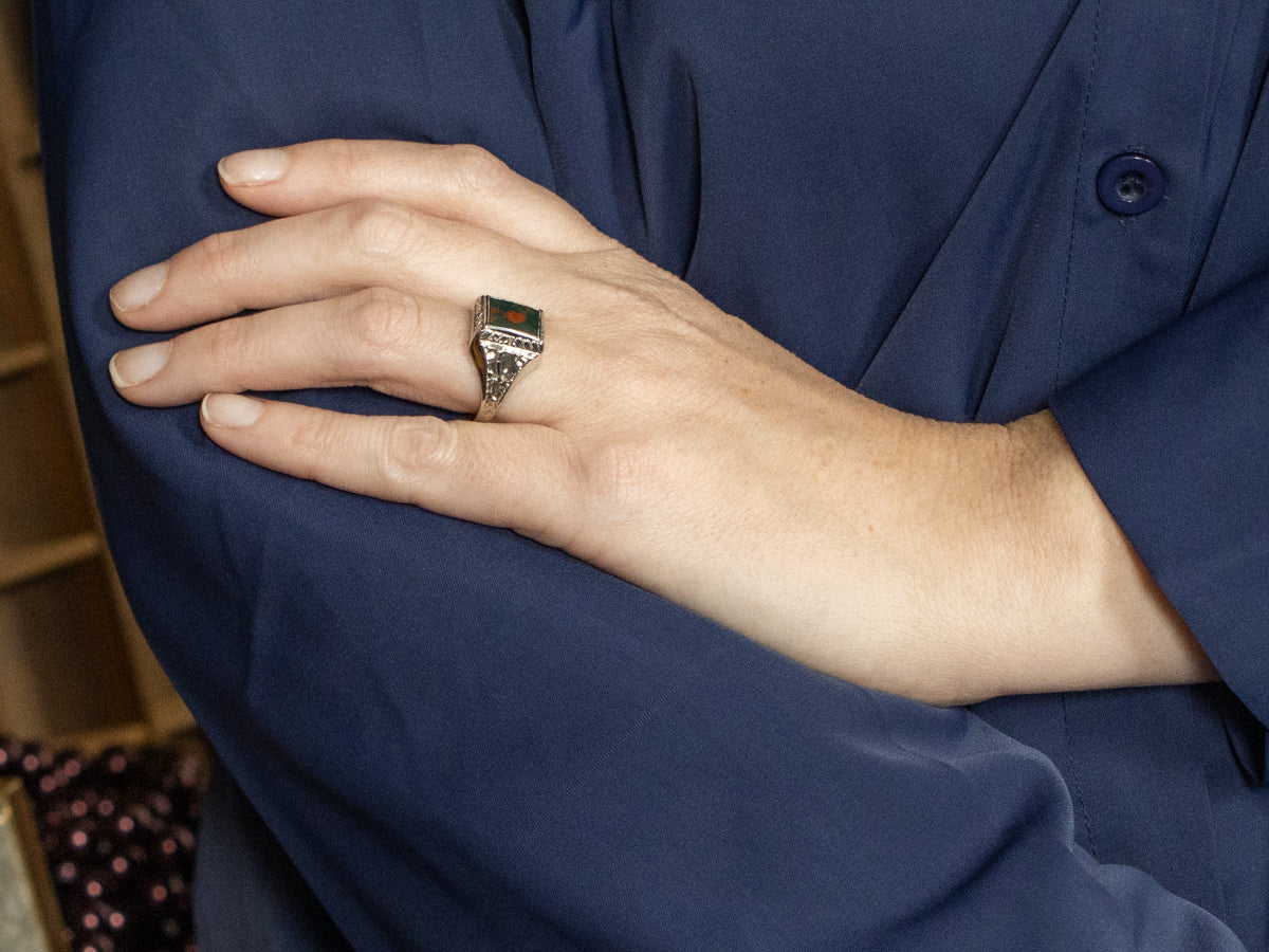 Men's Art Deco Era Etched White Gold Bloodstone Ring