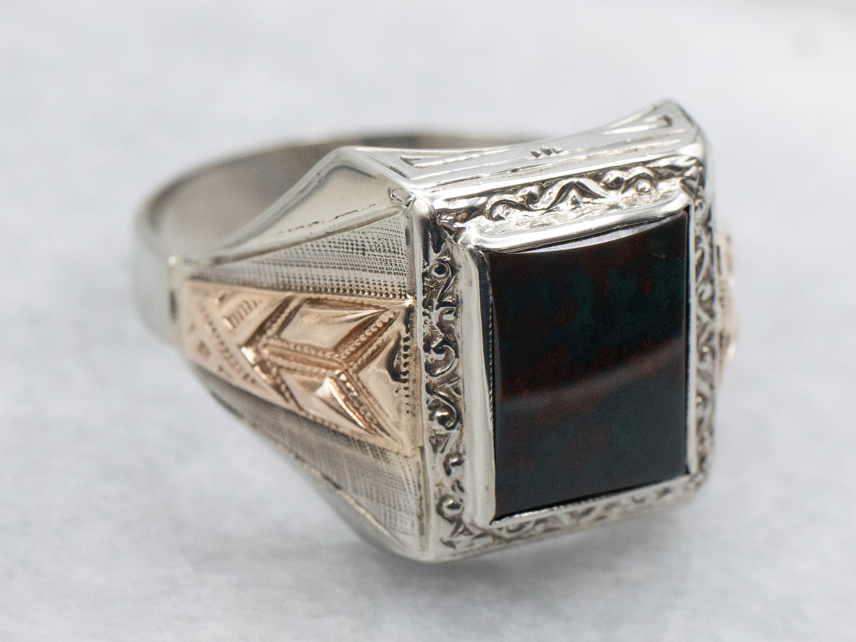 Antique Two Tone Gold Unisex Bloodstone Ring