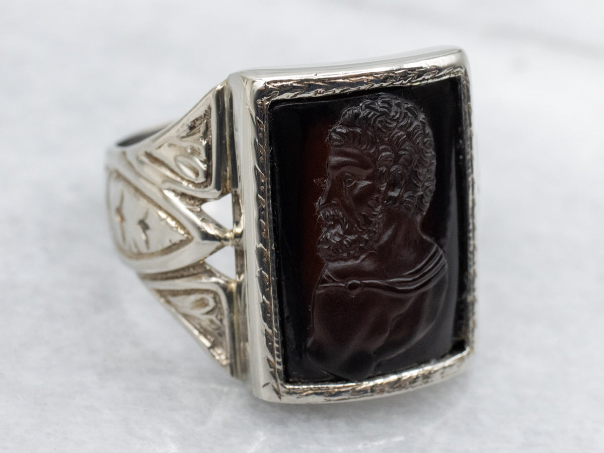 Greek Philosopher Sardonyx Cameo Art Deco Era Unisex Ring