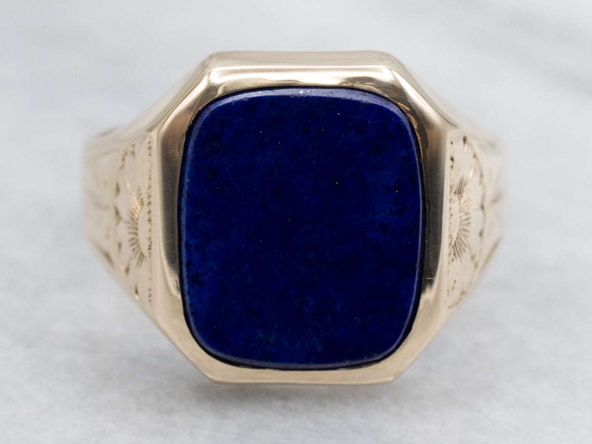 Victorian Hand-Engraved Gold and Lapis Unisex Ring