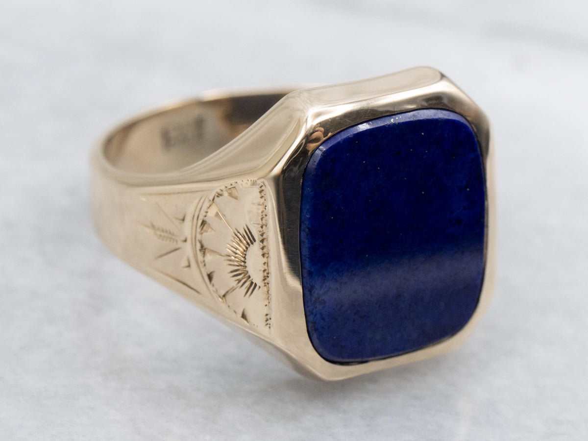 Victorian Hand-Engraved Gold and Lapis Unisex Ring