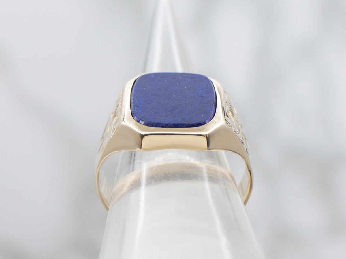 Victorian Hand-Engraved Gold and Lapis Unisex Ring