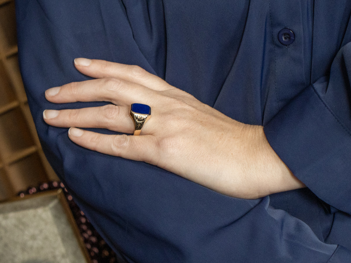 Victorian Hand-Engraved Gold and Lapis Unisex Ring