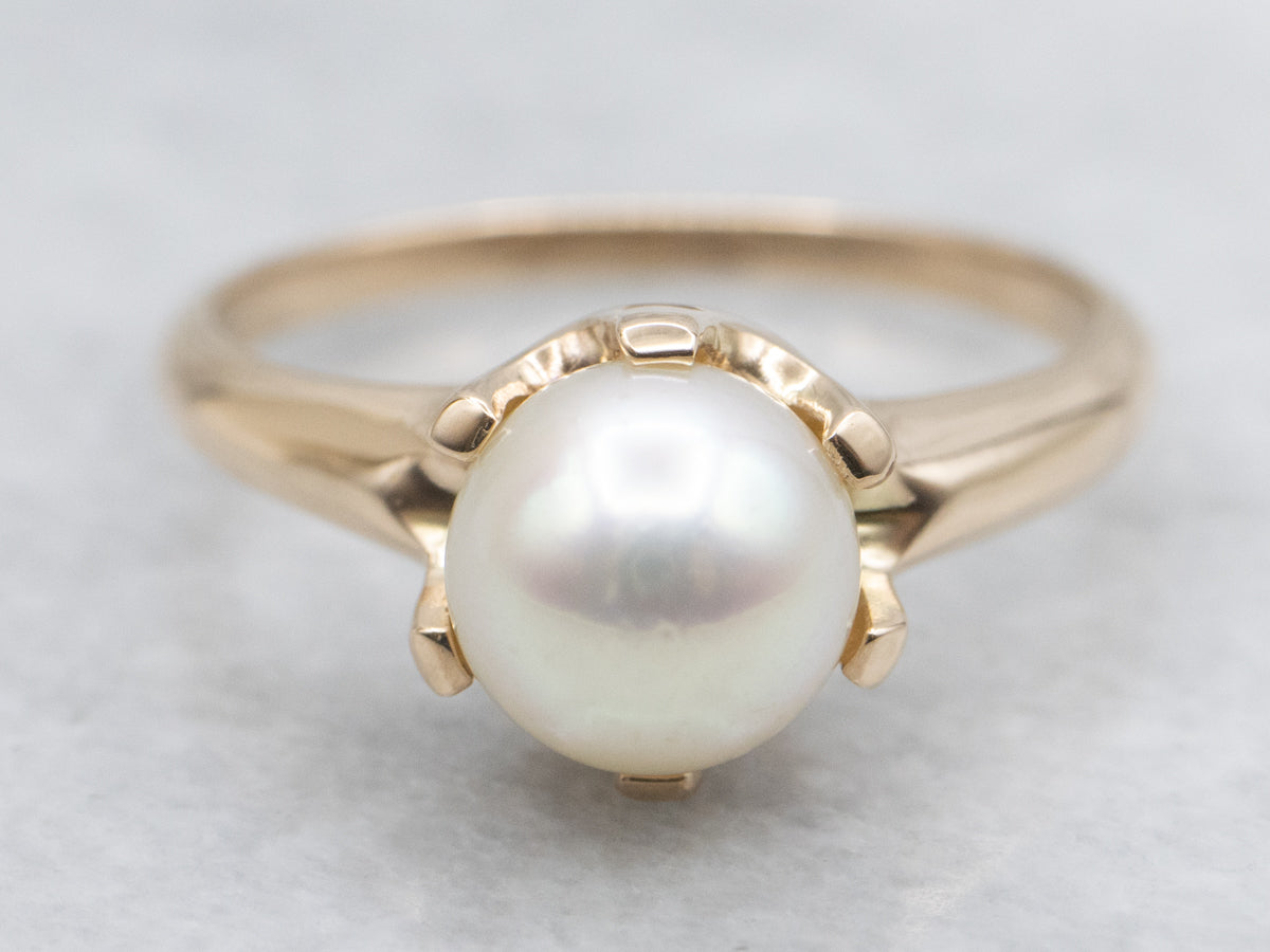 Yellow Gold Pearl Solitaire Ring
