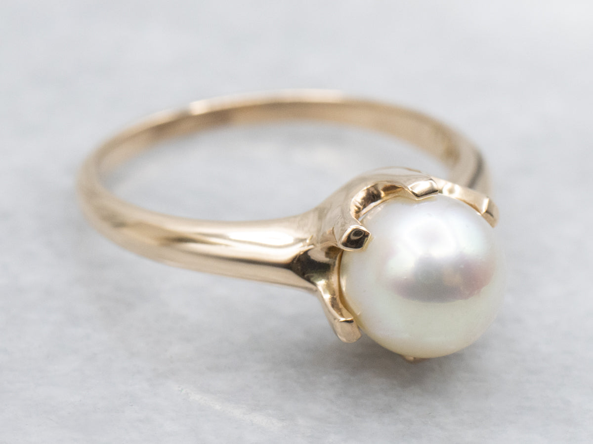 Yellow Gold Pearl Solitaire Ring