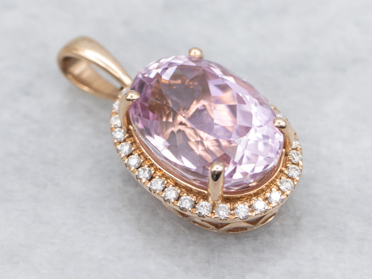 Pretty Pink Kunzite and Diamond Rose Gold Pendant