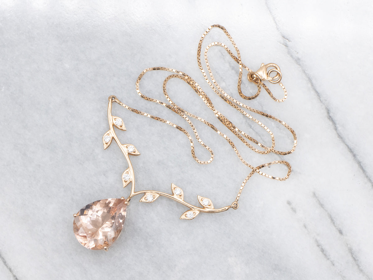 Dreamy Morganite and Diamond Rose Gold Botanical Branch Necklace