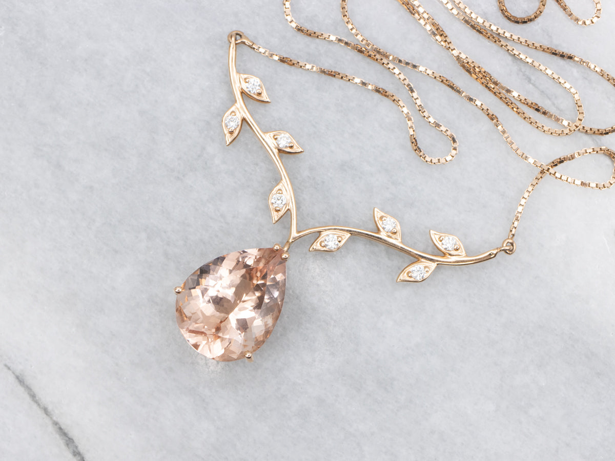 Dreamy Morganite and Diamond Rose Gold Botanical Branch Necklace